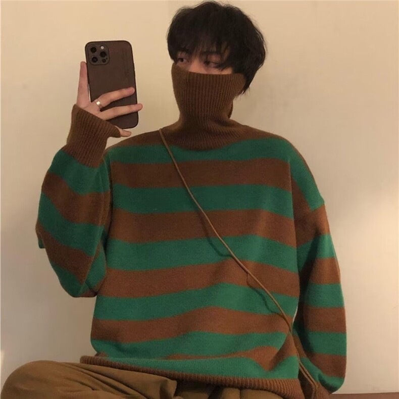 599-P432025秋季美式复古条纹毛衣宽松百搭针织高领男装上衣，男装针织衫/毛衣，电商B323A