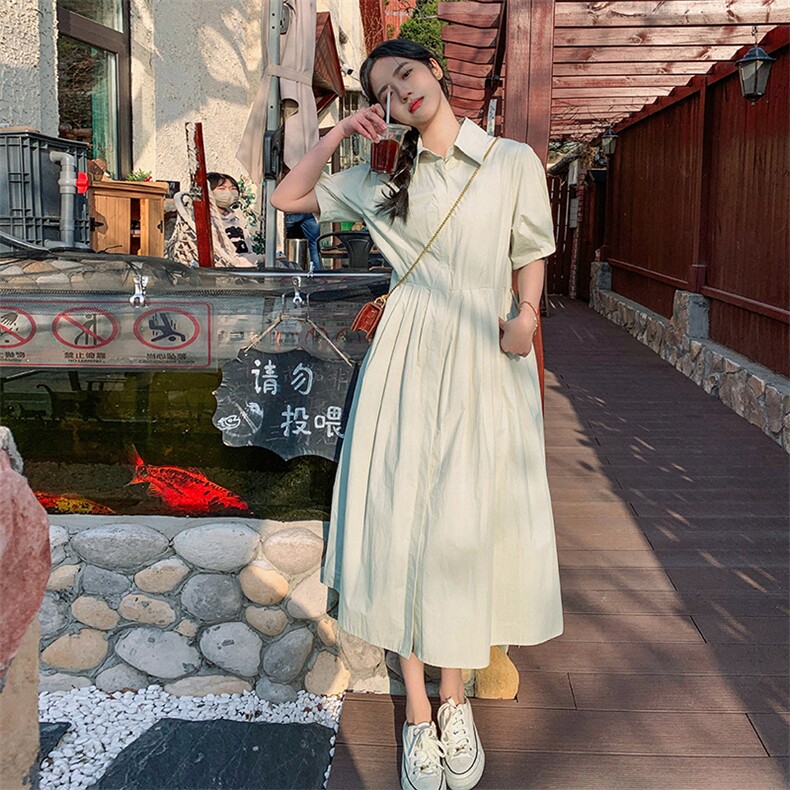 短袖衬衫连衣裙女夏新款韩版通勤简约百搭纯色长款裙子p115-k168,女装连衣裙,辉之琳