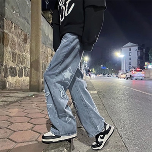 美式牛仔裤男复古宽松潮牌老爹裤ins高街阔腿拖地裤子N123-p45图片