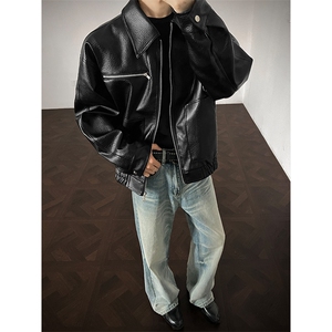 美式复古pu皮荔枝纹夹克外套男飞行员拉链翻领机车服PY08P108图片