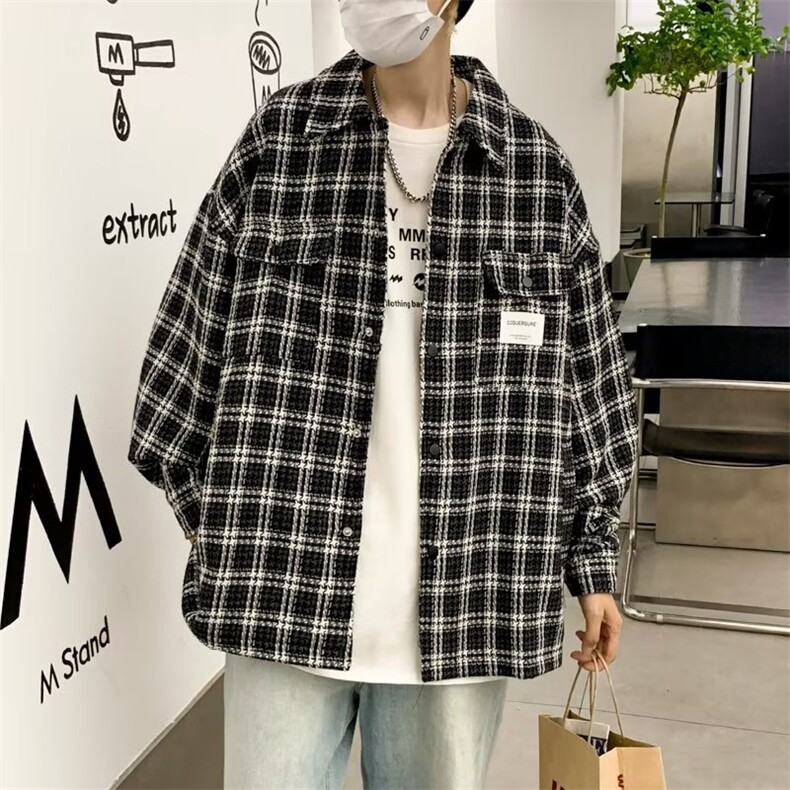 春秋港风复古格子外套男高街ins潮牌宽松休闲夹克上衣W5177-P67,男装夹克,星座512-2