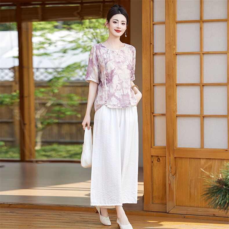 亚麻休闲裤套装女复古两件套高端苎麻印花上衣新款夏装棉麻短袖,女装套装/套裙,衣之秀