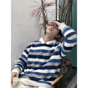 【有货】MY366CC-特P58 水貂毛条纹连帽毛衣男慵懒风针织衫外套图片
