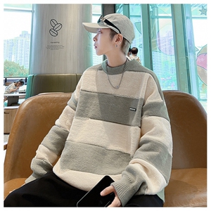 B143-P45 2024新款冬季圆领针织衫外套男套头慵懒条纹拼接毛衣图片