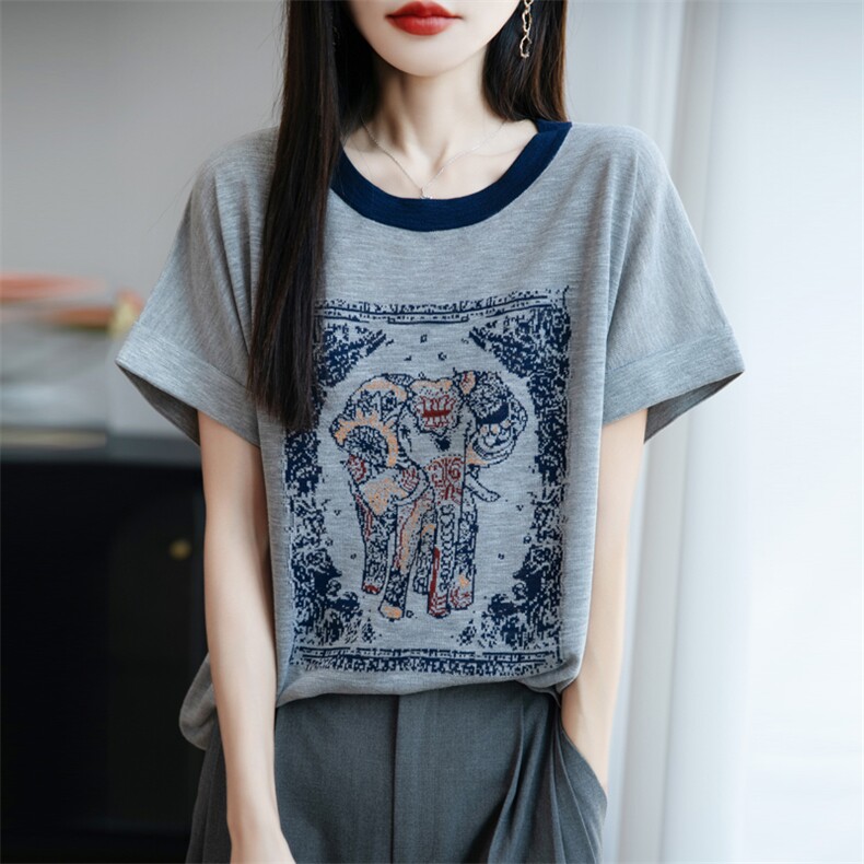 夏季新款竹节麻拼色圆领大象印染短袖百搭显瘦上衣时尚休闲T恤,女装T恤,贵皇网供仓