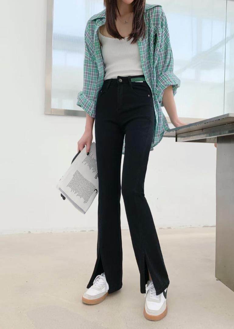 2022春弹力前升叉高腰显瘦微嗽牛仔裤，女装牛仔裤，简 影