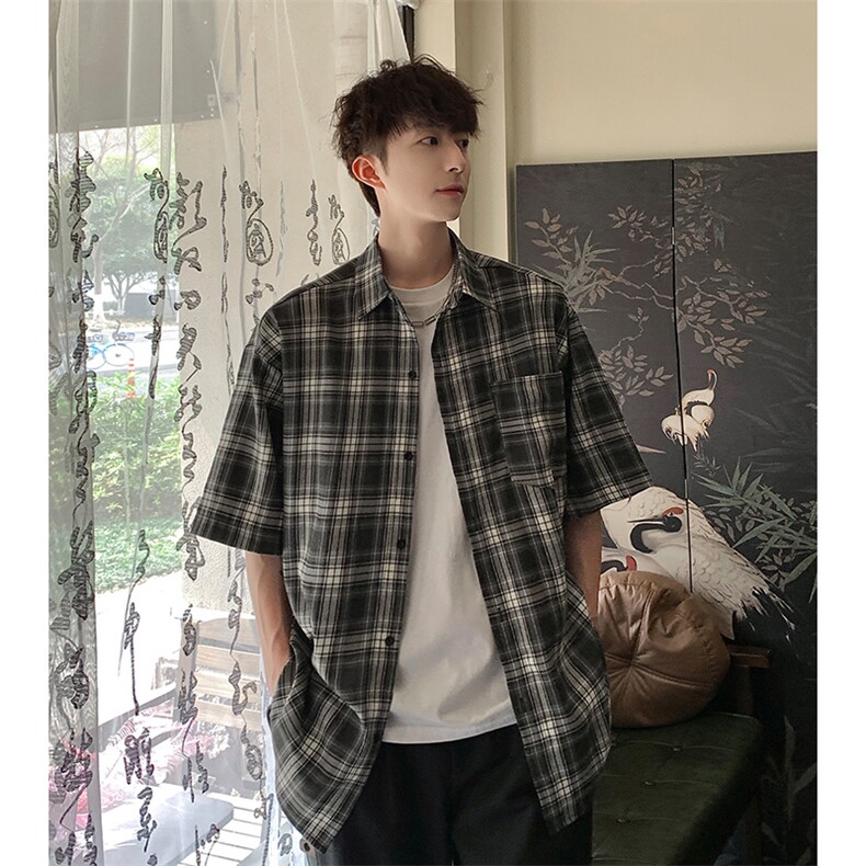 夏季新款衬衫男港风宽松高品质格子中袖衬衣,男装衬衫,电商A102-1