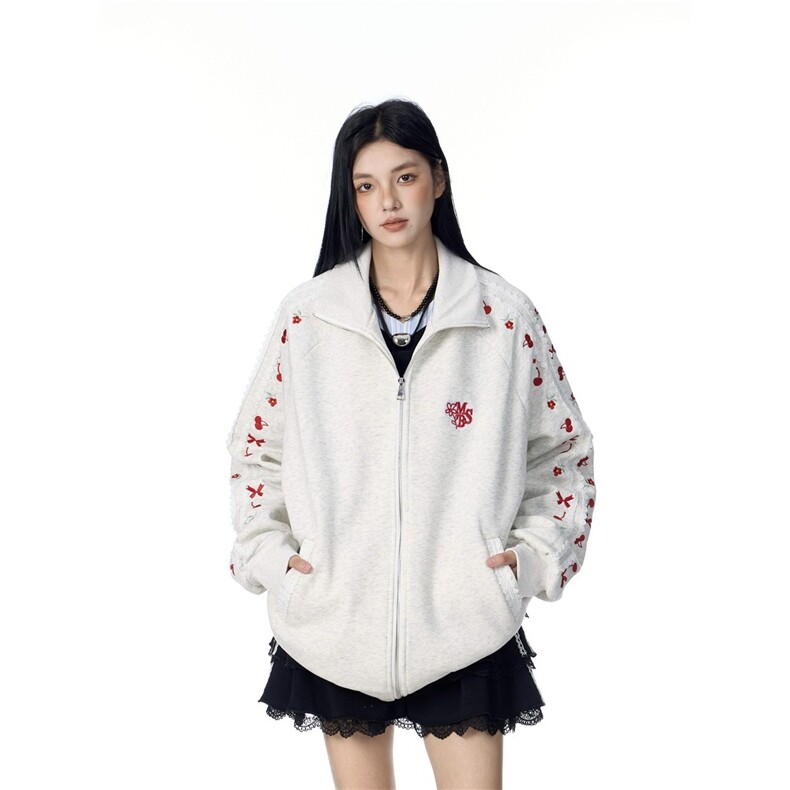 小花刺绣立领卫衣开衫男女新款新款宽松美式学院风外套WY273P62,女装短外套,星座1013-5