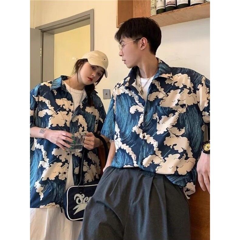 港风潮牌浪花短袖衬衫男装夏季日系宽松休闲百搭衬衣,男装T恤,星座1210-1