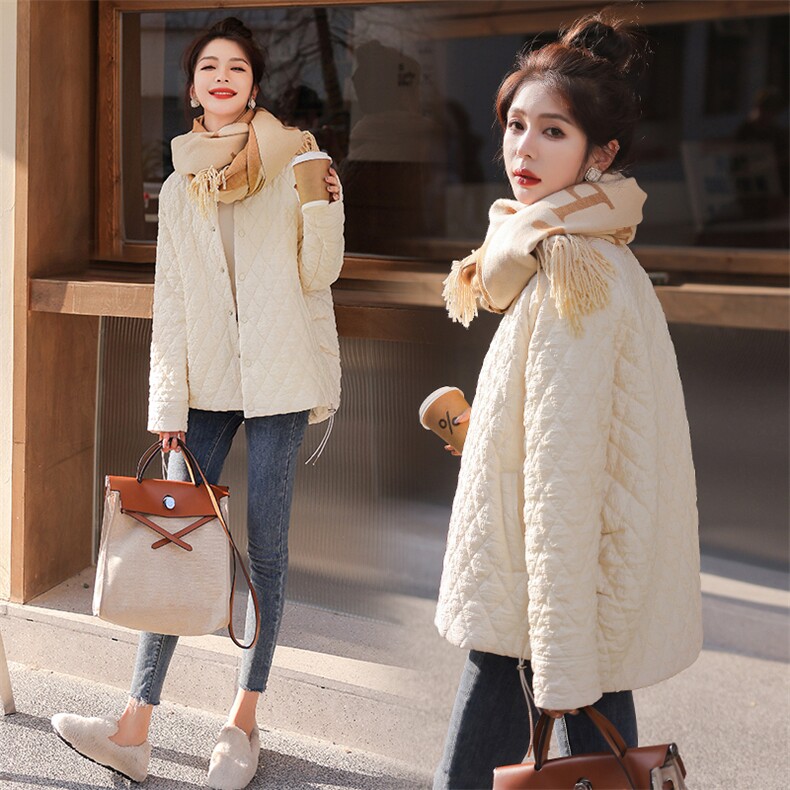 现货主推2024冬季新款菱形格夹棉棒球立领休闲宽松显瘦棉服外套女，女装棉衣/棉服，霓裳依族