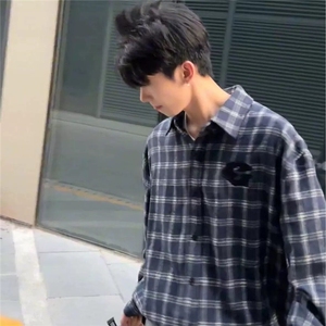 DC187-P40早秋格子撞色绣花衬衫宽松美式外套男情侣装-网图现货图片