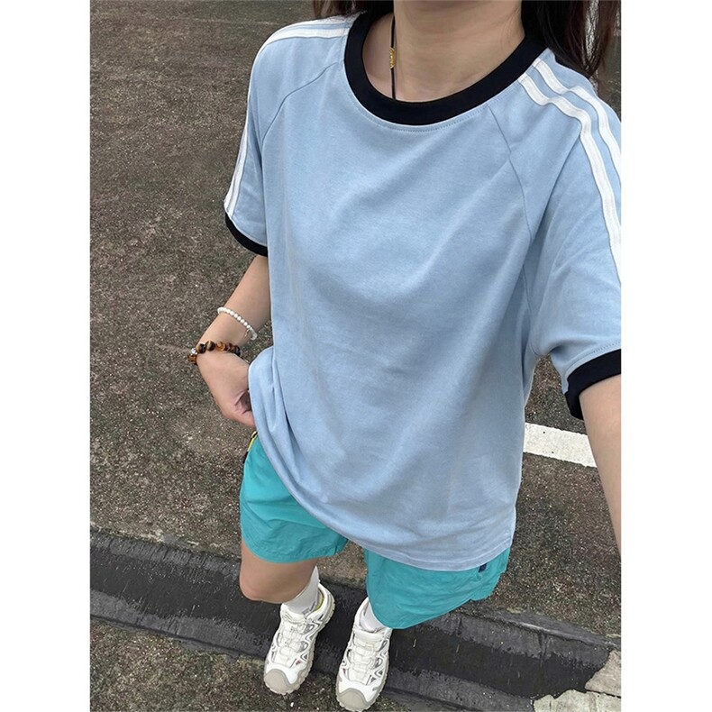 两条杠运动夏季短袖T恤复古撞色休闲款上衣男女X61403-TP2549,男装T恤,电商A102