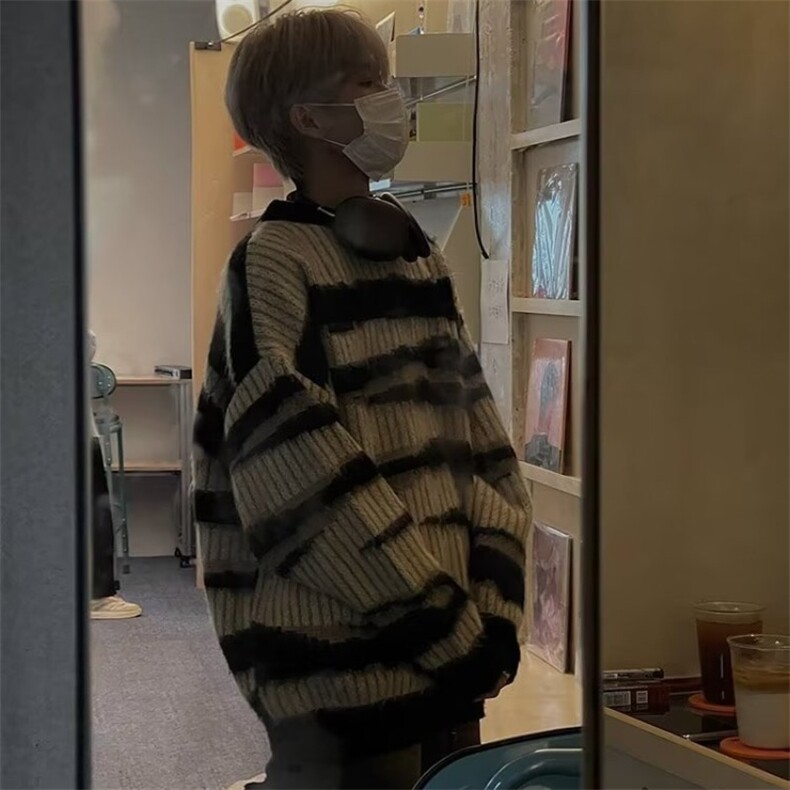 条纹美式复古毛衣男潮秋冬慵懒oversize情侣针织衫WL13055-P45,男装针织衫/毛衣,星座1008