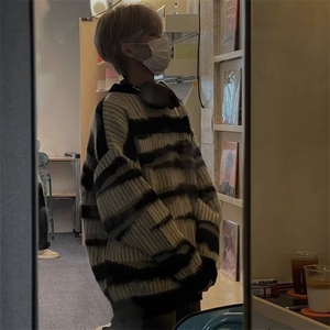 条纹美式复古毛衣男潮秋冬慵懒oversize情侣针织衫WL13055-P45图片