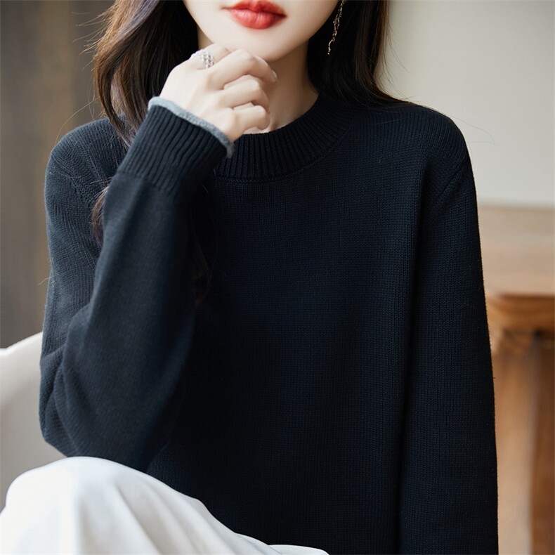 2025秋新款法式撞色100%纯棉针织衫宽松休闲打底衫女毛衣保暖加厚,针织衫/毛衣,长今羊