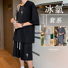 夏季冰丝港风圆领短袖短裤休闲运动两件套TZ52-特批70，男装休闲套装，星座718