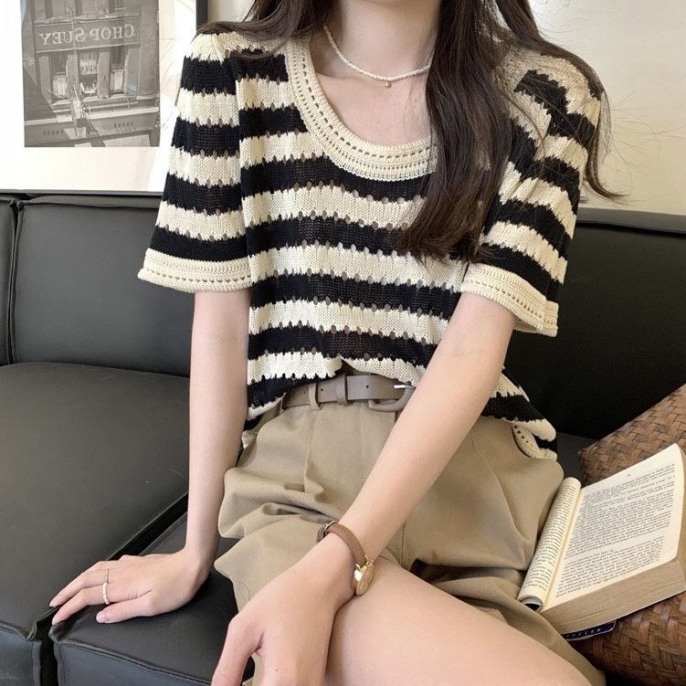 短袖T恤女夏季2025年新款设计感镂空针织衫体恤短款上衣,针织衫/毛衣,百色羊绒