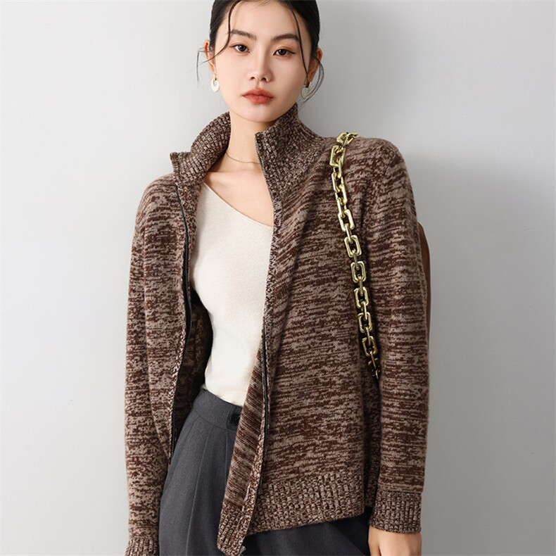 秋冬季新款女时尚百搭显瘦斜拉链套头羊毛衫，女装羊毛衫，琳尚羊绒