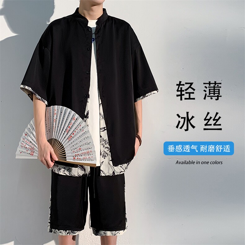 特批P55无差价夏季风冰丝顺滑拼接五分两件套装男CD1910+DK1810图片