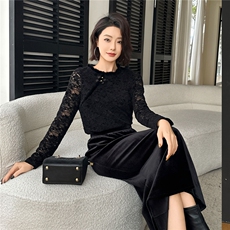 2025冬装心里蕾丝水貂毛圆领蕾丝上衣新中式盘扣小衫，女装蕾丝衫/雪纺衫，2C091