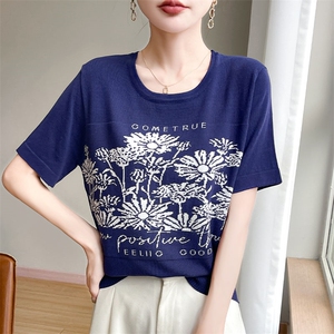 时尚提花短袖T恤女夏季2025新款打底衫洋气大码女装冰丝针织上衣图片
