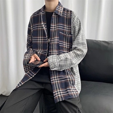 格子拼接长袖衬衫春款男港风潮流T04P32，男装衬衫，星座1116-2