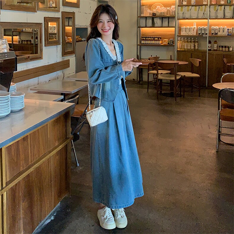 法式蕾丝花边拼接牛仔套装裙女2025春季新款气质温柔风百搭两件套,女装套装/套裙,浙宝305
