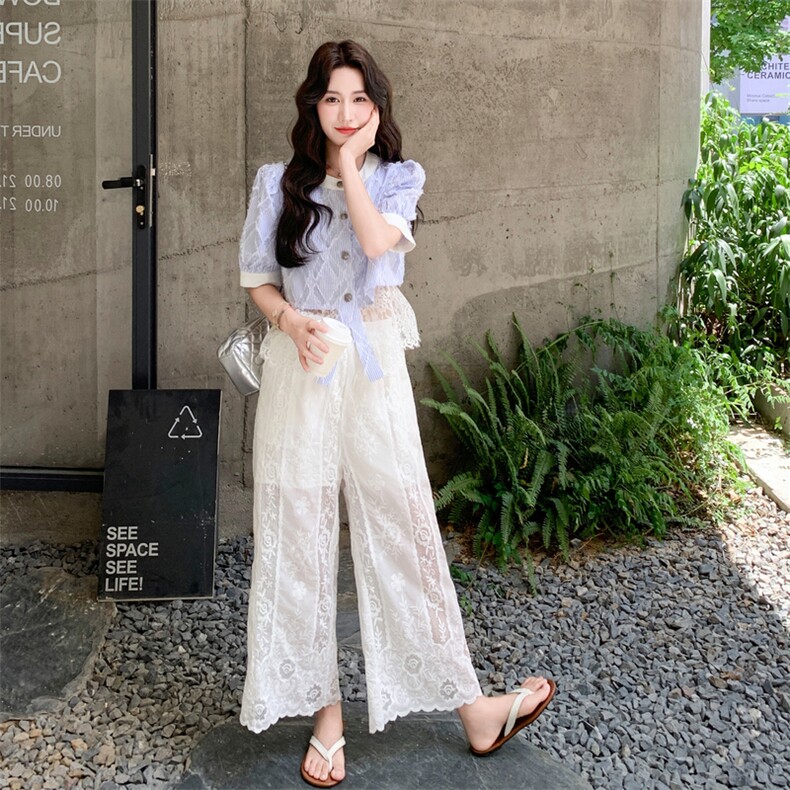 设计感小众时尚蕾丝套装女2025夏季新款短款衬衫高腰阔腿裤两件套,女装套装/套裙,2C032