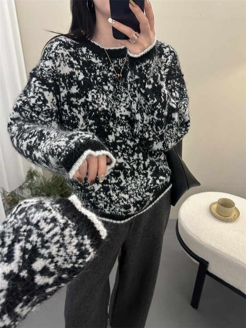 2026年秋季套头时尚百搭简约休闲黑白墨点圆领，女装针织衫/毛衣，臻纶羊绒