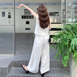 蕾丝拼接无袖马甲阔腿裤套装女夏大方得体巨好看流行超火两件套图片