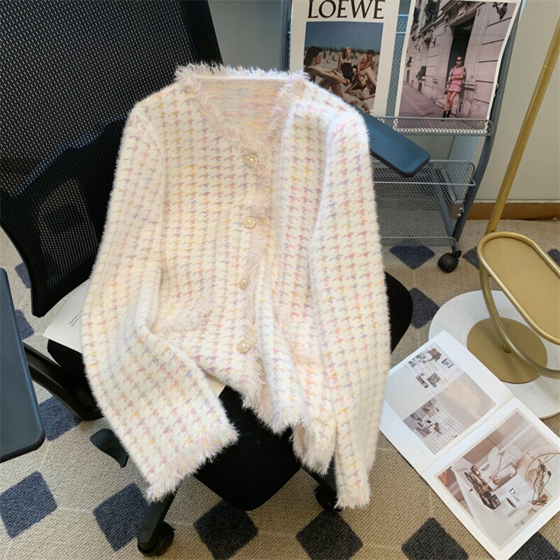 小香风针织开衫毛衣女千鸟格仿水貂绒宽松气质外套MY010-85,男装针织衫/毛衣,星座911-3