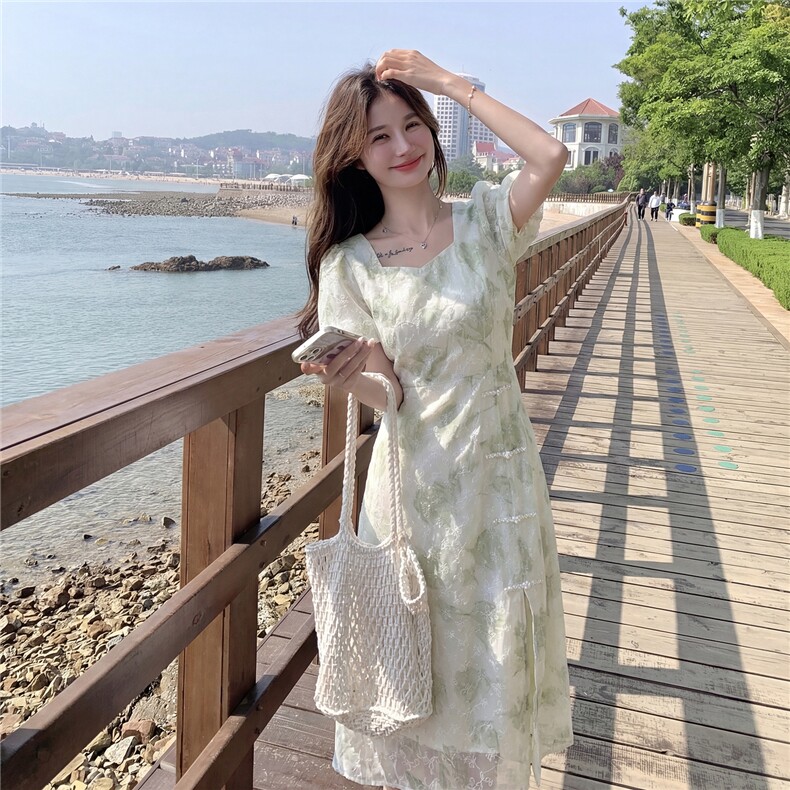 新中式给g风盘扣印花收腰连衣裙,女装连衣裙,采品优优