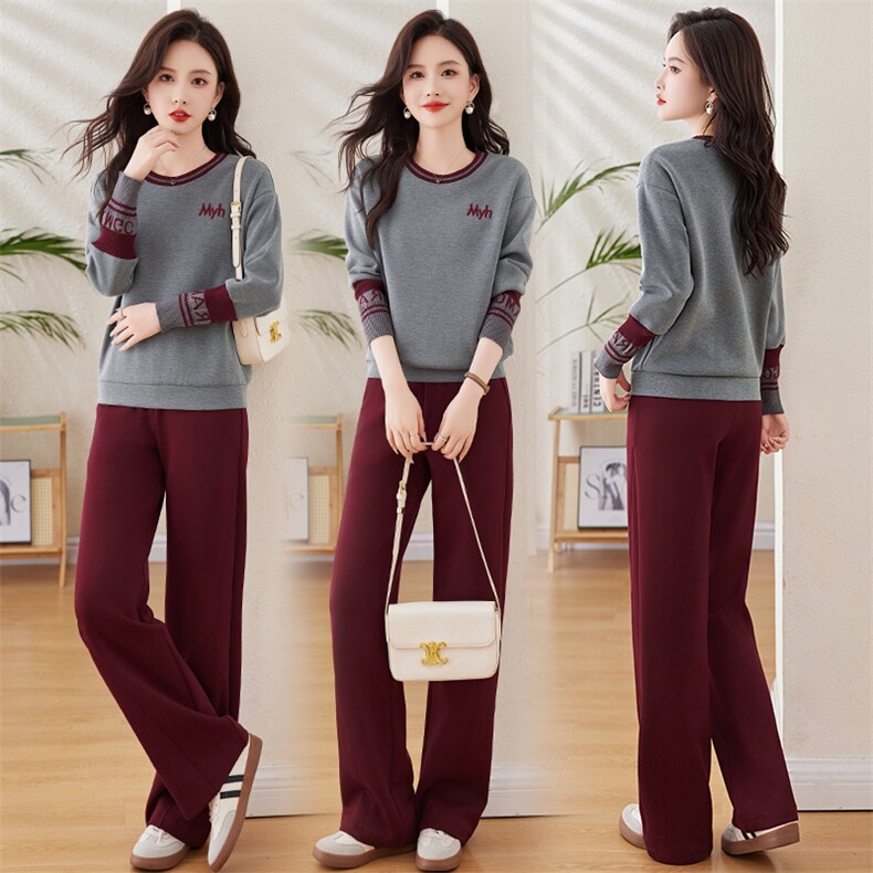 2025春季时髦洋气休闲韩版气质撞色字母印花套裤时尚套装两件套，女装套装/套裙，梦依杭