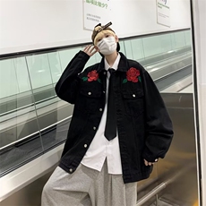 美式复古高街玫瑰花牛仔外套男宽松原宿港风薄款棒球服W5007-P64，男装夹克，星座512-2