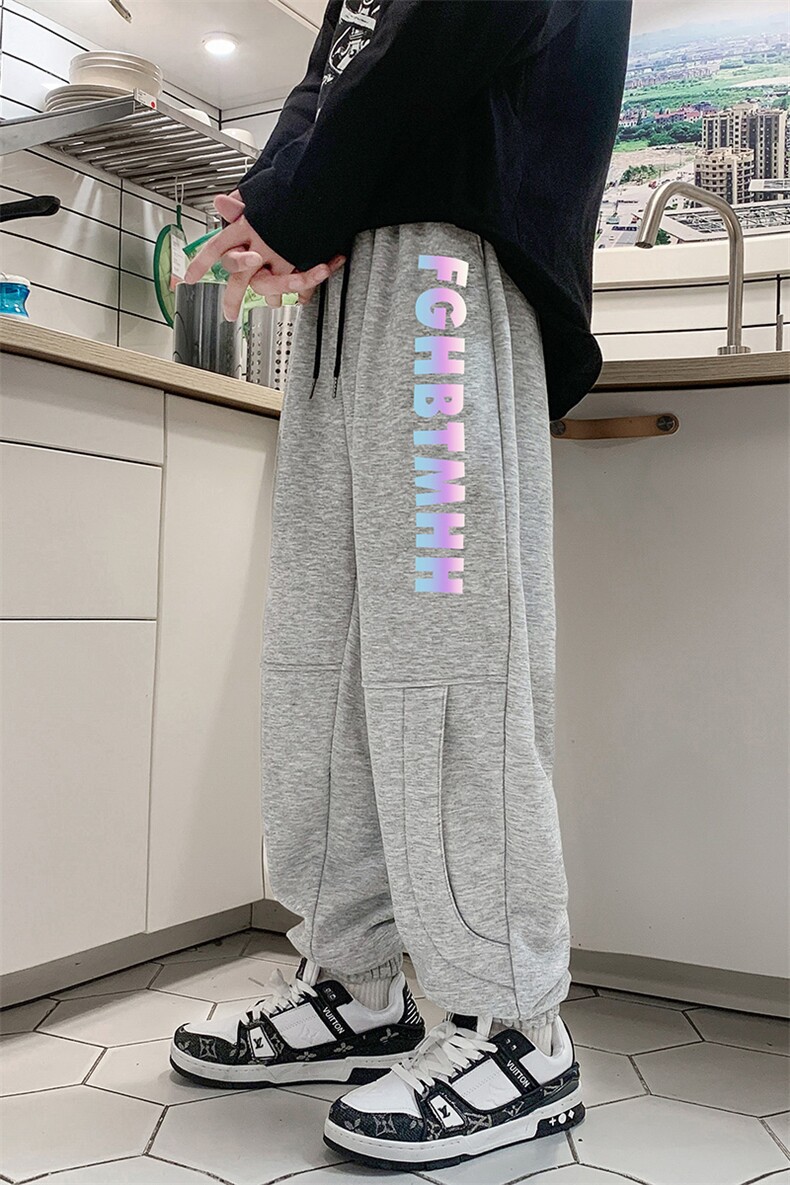 春秋七彩反光卫裤印花潮流男纽扣装饰大码休闲束脚长卫裤,男装休闲裤,电商A011（原4039）