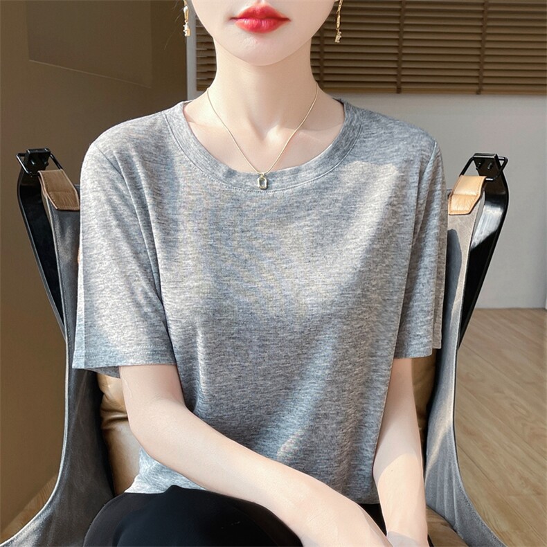 简约圆领气百搭显瘦短袖上衣女,针织衫/毛衣,绒宛羊绒