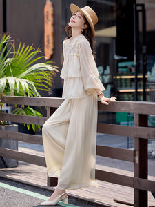 法式温柔风气质套装女2026夏季新款轻薄长袖防晒衬衫阔腿裤两件套图片