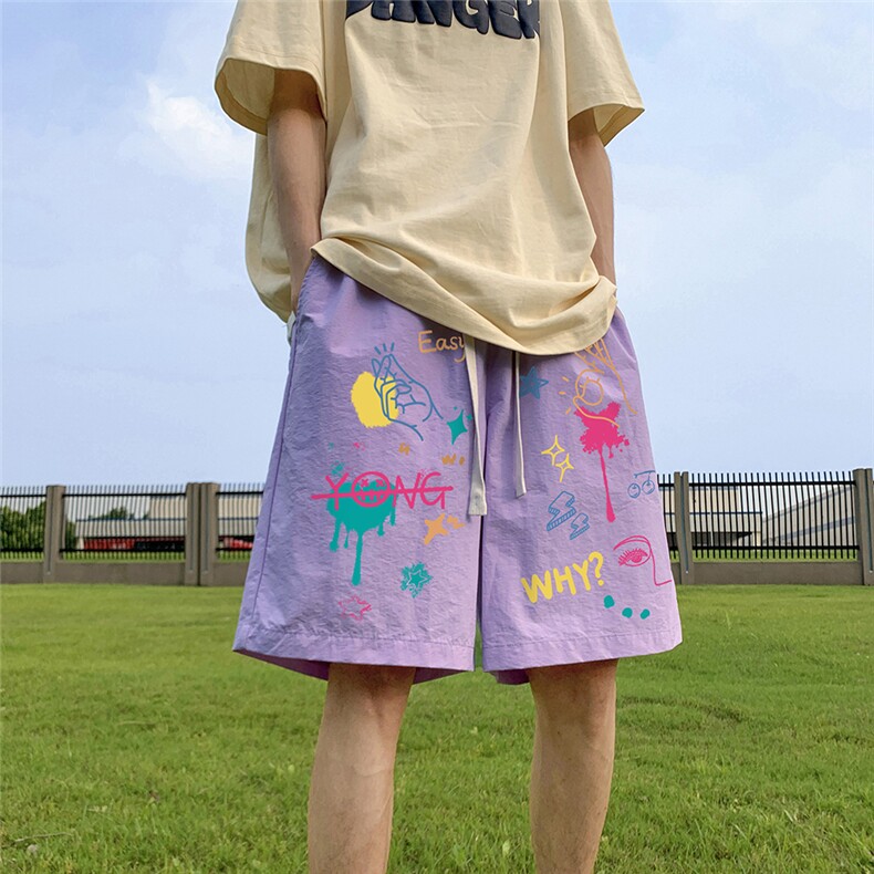 港风新款夏季时尚百搭宽松印花松紧腰短裤五分裤A6252P25控38,男装牛仔裤,电商A268A