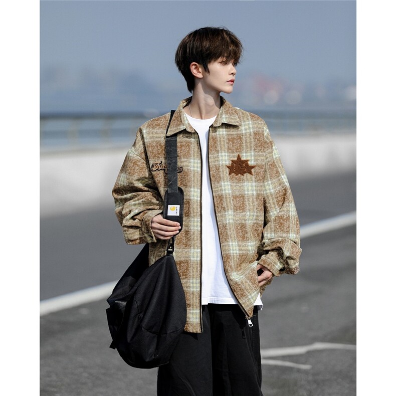 美式复古星星刺绣格子衬衫外套春秋宽松百搭拉链夹克上衣JK8545,男装夹克,星座1116A-1（原606A）
