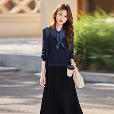 黑色吊带连衣裙2025秋新款简单大方的法式气质针织长袖度假套装裙，女装套装/套裙，奋斗女王