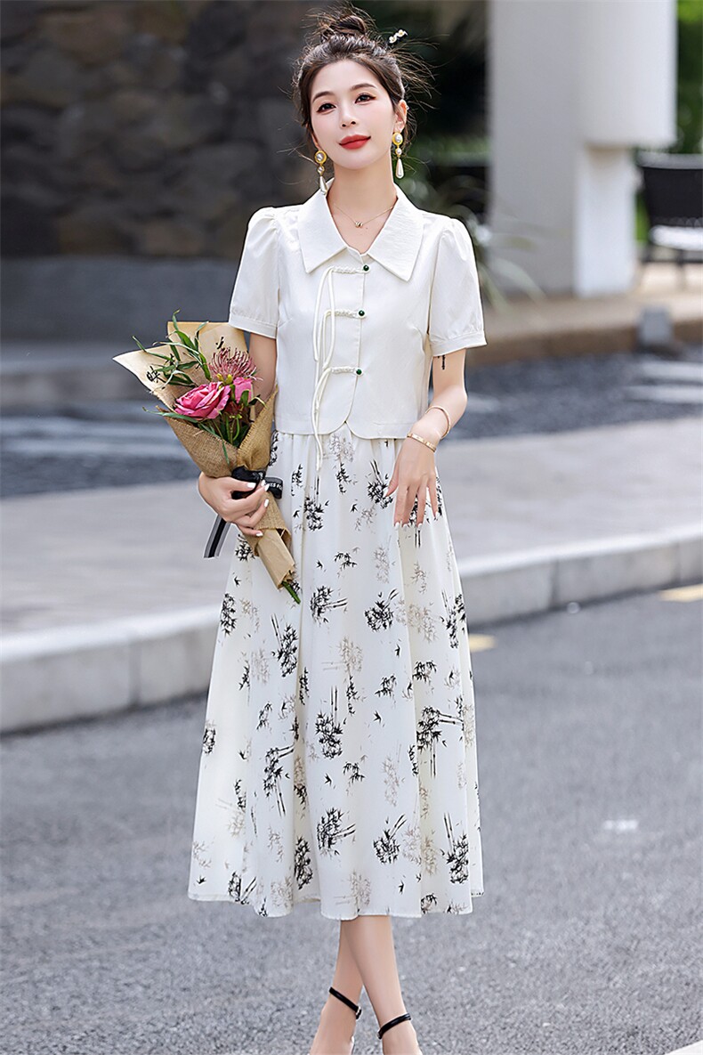 2026春夏气质修身翻领盘扣上衣印花半身裙套裙时尚套装两件套,女装套装/套裙,尚洛菲