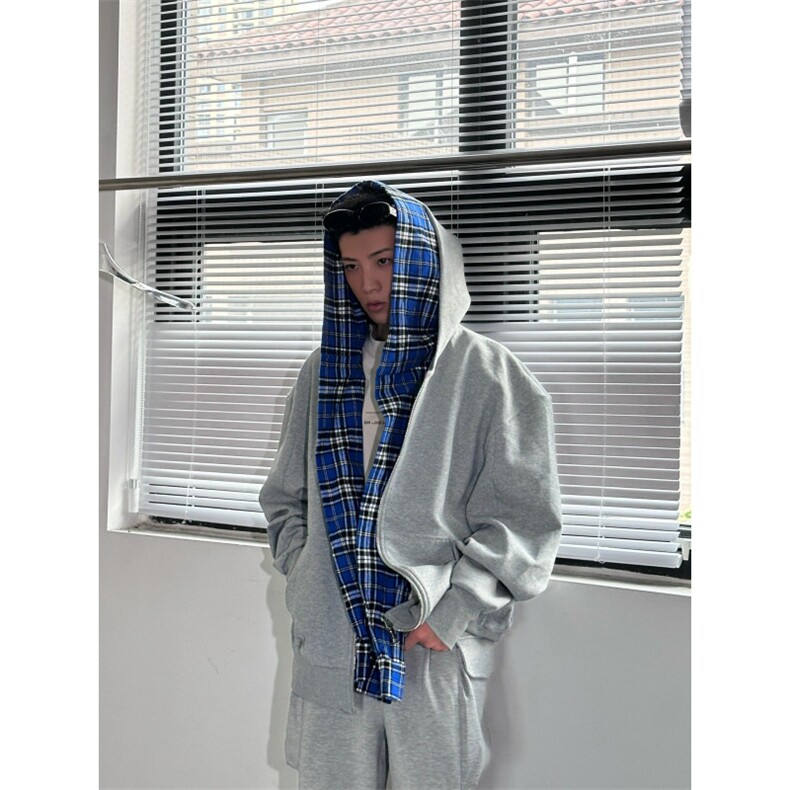【有货】假两件格子拼接卫衣男款设计感连帽开衫外套JL97LL-特P68,男装卫衣,星座1007（原301D）
