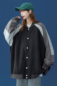 ！中性秋季情侣拼接撞色宽松休闲情侣棒球夹克-G410 P65控88图片