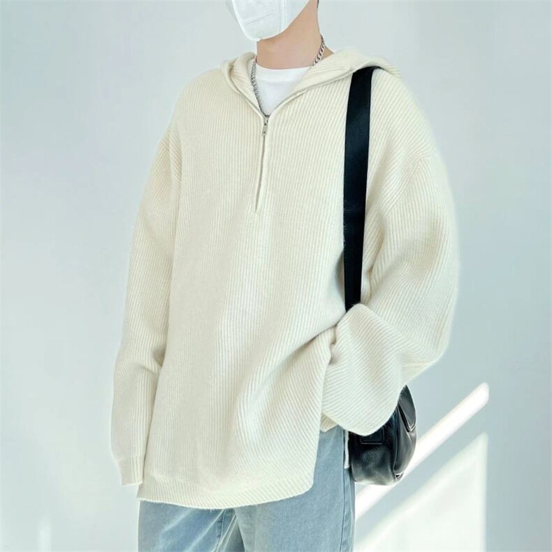 网图84571-P75休闲百搭纯色拉链宽松连帽毛衣外套长袖带帽，男装针织衫/毛衣，电商D310B
