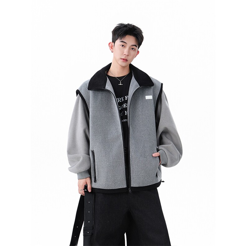 高级感灰色拼接毛呢外套男宽松休闲日常上衣潮XZ201-2A769P148，女装短外套，星座201-2