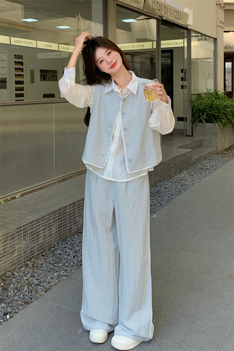 蕾丝拼接时尚百搭马甲阔腿裤套装女夏季新款T恤三件套ootd穿搭潮,女装套装/套裙,秋水欣儿