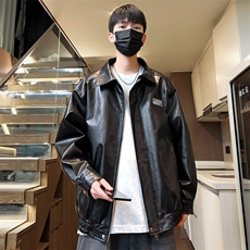 机车男士皮衣春秋款翻领贴标宽松夹克外套休闲款A266-PY006-特P40，男装夹克，电商A266