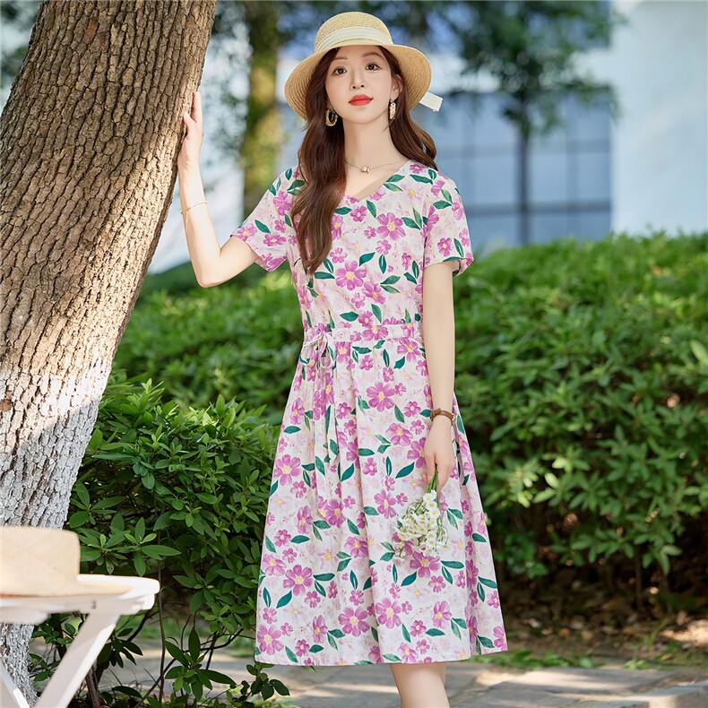 温柔风花卉印花纯棉连衣裙女2026夏薄款短袖气质收腰显瘦减龄裙子,女装连衣裙,倪叶myz