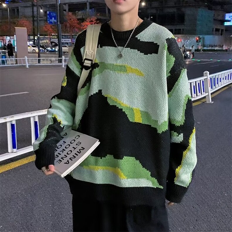 慵懒风渐变色扎染毛衣男秋冬季潮牌痞帅设计感宽松圆领ZM117-P45图片