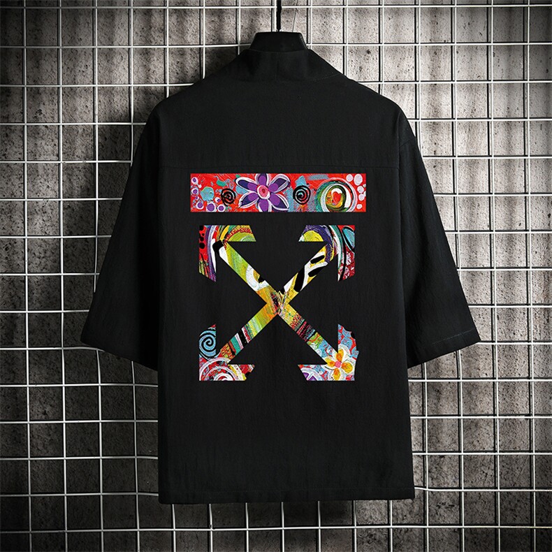 HF59169-P40风汉服男开衫外套七分袖道袍网格挂拍,男装民族服装,电商A040A